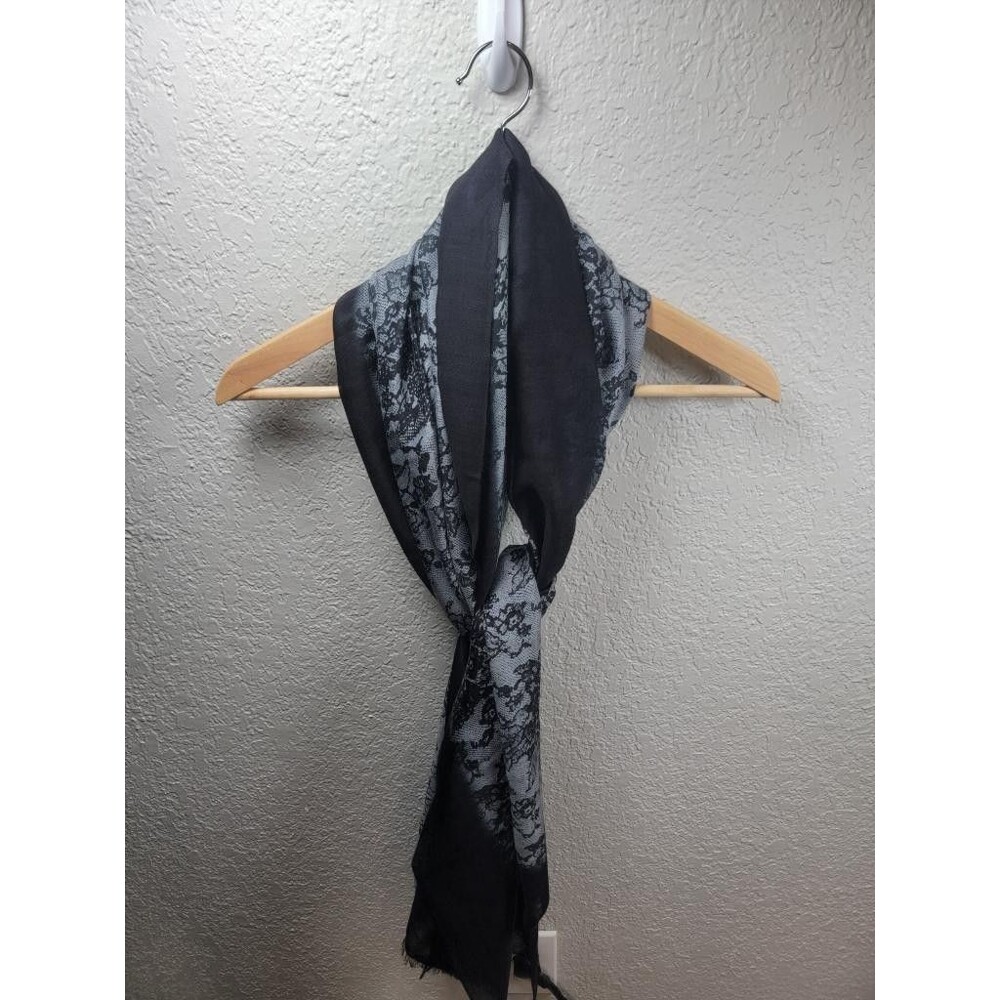 Bajra Cashmere Silk Scarf Wrap Gray Black Floral Lace Print Handmade Nepal